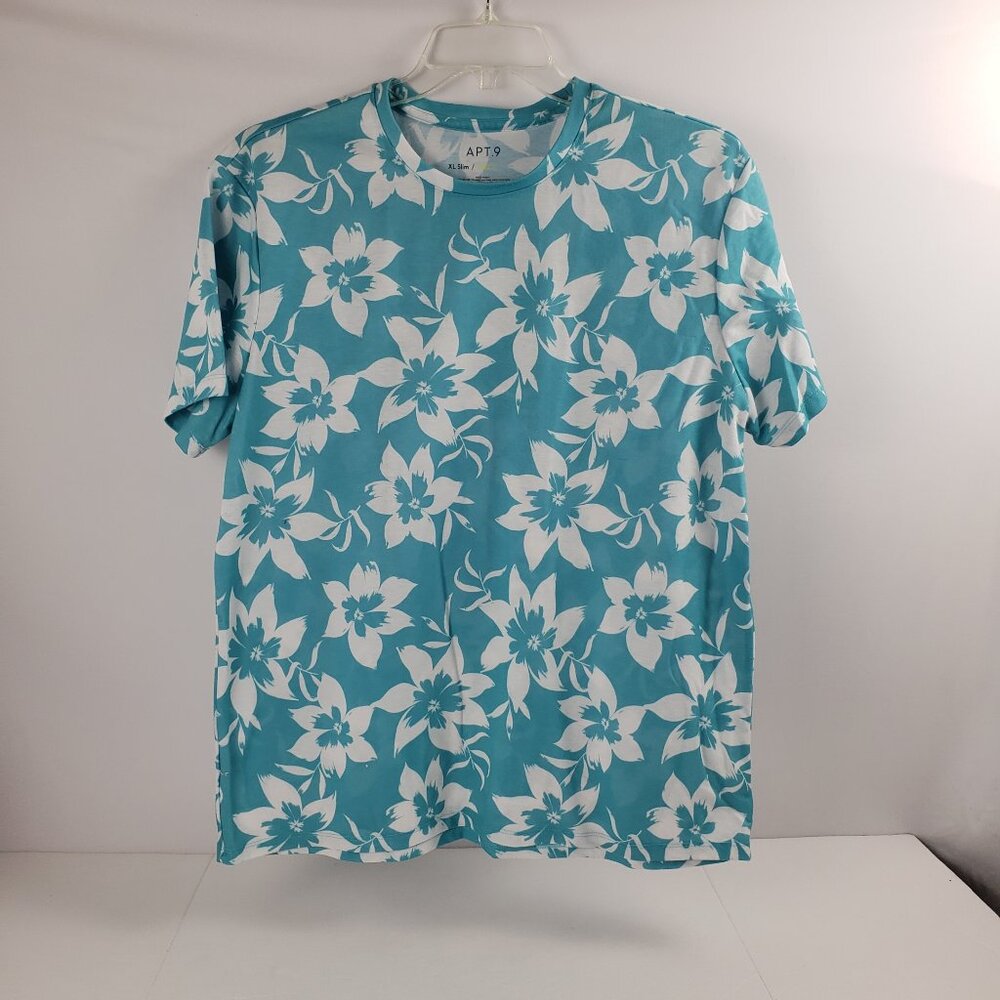 Apt 9 Blue White XLarge Premier Flex Womens T-Shirt Top Hawaii Floral Aqua